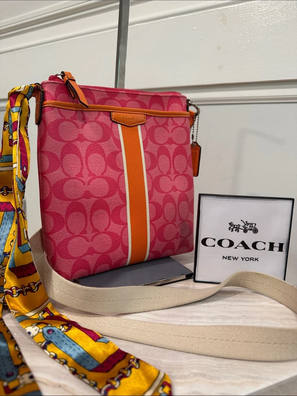 Coach Bag Signature Pink Orange Stripe Swingpack Crossbody - Picture 1 of 17